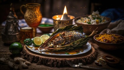 Fototapeta na wymiar Eid holiday table. Ramadan family dinner. Breaking Fast, iftar. Arabic Middle Eastern traditional cuisine with generative AI