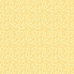 Drawn Easter seamless pattern outlined on a yellow background, cute doodle eggs and flowers with hearts in a stroke , great for textiles, banners, wallpaper, wrapping vector design