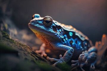 Fototapeta premium Mystical glowing blue frog on the ground. Isolated on dark background. Stunning birds and animals in nature travel or wildlife photography made with Generative AI
