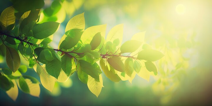 Captivating soft-focus image of nature with lush green trees, perfect for showcasing products in spring and summer, Generative AI