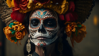 Portrait of a woman wearing beautiful Day of the Dead costumes and skull makeup