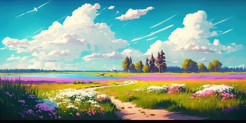 AI generated pastoral landscape with colorful meadow herbs and flowers under a clear blue sky, Generative AI