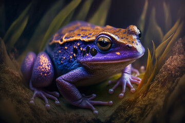 Mystical glowing frog ready to jump. Purple. Isolated on dark background. Stunning birds and animals in nature travel or wildlife photography made with Generative AI