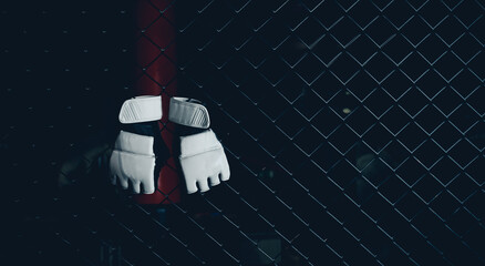 White Gloves for MMA Boxers fighter hang on ring octagon black wall. Concept sport banner