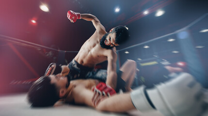 MMA Boxers fighters in fights without rules in ring octagon, motion blur, dark background