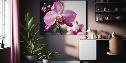 AI generated image of a lovely pink orchid adorning an indoor home setting, Generative AI
