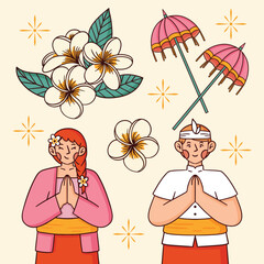 Happy nyepi day of silence bali hindu indonesia asset illustration object character vector flat design icon package of woman and man, with umbrella and jasmine set