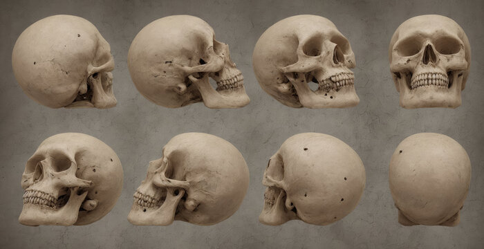 Old human skull anatomy illustration with a Halloween theme featuring a collage of different angles.