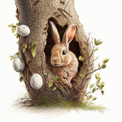 The Easter bunny hiding Easter eggs in a tree.Der Osterhase versteckt Ostereier in einem Baum. AI generated.