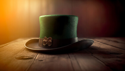 St. Patricks day concept. Green leprechaun hat in studio shot with dark background and copy space. Generative AI.