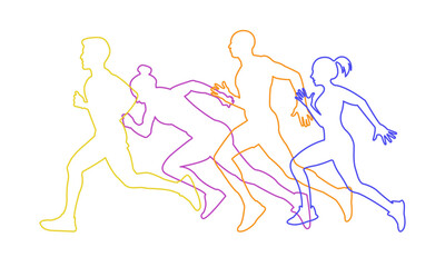 Running people through. Sports. Silhouettes of people drawn with a line. 