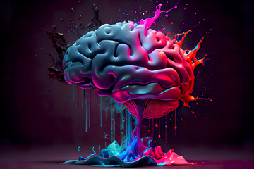 Colorful splash of a 3D clay human brain on dark background. Creativity concept illustration. Generative AI.