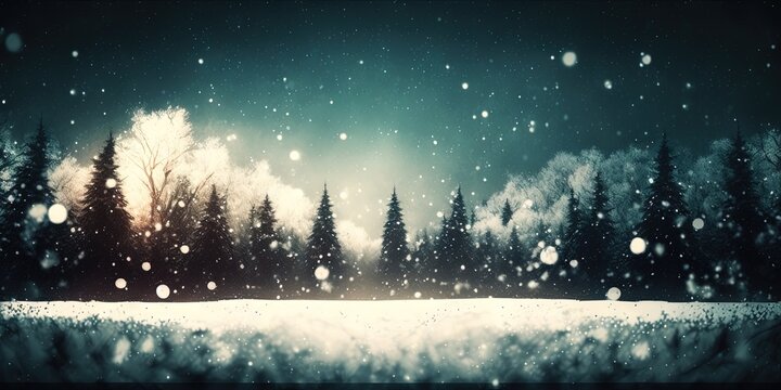 A vague picture of a snowy forest with minor snowdrifts and trees in the background, Generative AI