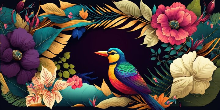 A vibrant, colorful backdrop with tropical plant motifs, Generative AI
