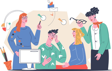 Business people during brainstorm meeting or colleagues work in the office, discussing a joint project. Partners, colleagues work at computer.