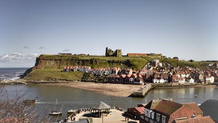 Fototapeta na wymiar Aerial panorama of town, beach and abbey at Whitby