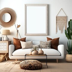 Boho Living Room Interior with Horizontal Frame Mockup - 3D Rendered Illustration