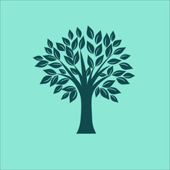 Tree green with branches and leaves on a light green background, vector digital hand drawing.