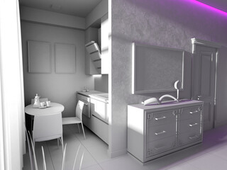 modern kitchen in the apartment, 3d rendering