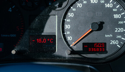 Fototapeta premium Car Dashboard show outside temperature. Minus temperature.