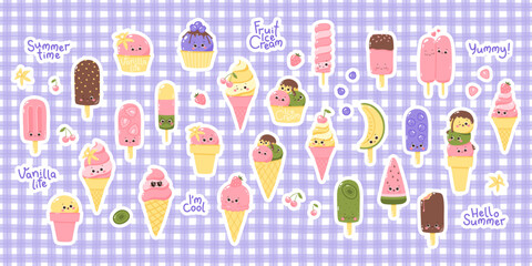 Big vector sticker set of cute kawaii ice cream characters with white outline. Cold dessert. Summer sweetness.