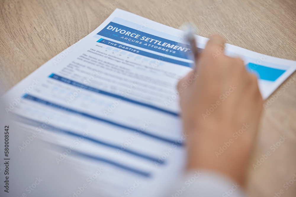 Sticker divorce paperwork, woman hands and signature for agreement, contract and legal documents on desk. fa