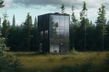 Concept of environmental-friendly business. Office building in the wilderness natural environment
