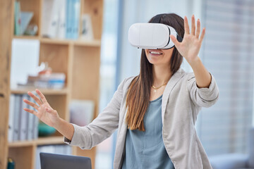 Vr, virtual reality and business woman in office exploring metaverse with digital technology. 3d, ai and happy female employee with futuristic headset for gaming, web browsing or fantasy simulation.