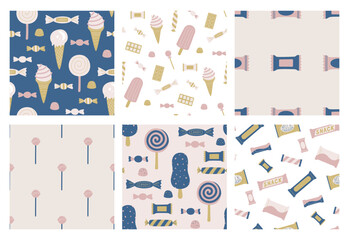 Set of seamless vector sweets patterns. Collection of candies backgrounds for fabric, textile, cover, design etc.