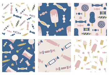 Set of seamless vector sweets patterns. Collection of candies backgrounds for fabric, textile, cover, design etc.