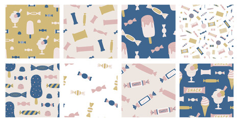 Set of seamless vector sweets patterns. Collection of candies backgrounds for fabric, textile, cover, design etc.