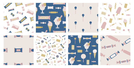 Set of seamless vector sweets patterns. Collection of candies backgrounds for fabric, textile, cover, design etc.