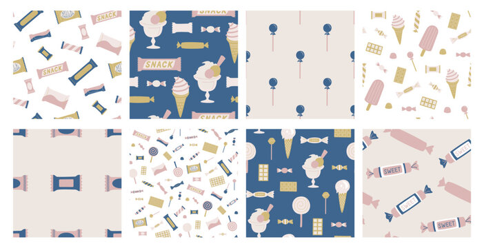 Set of seamless vector sweets patterns. Collection of candies backgrounds for fabric, textile, cover, design etc. © Fidan.Stock