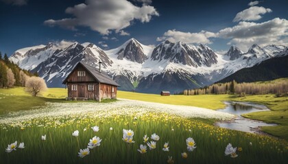 Alpine Meadow in the Mountains Spring Photo Wallpaper Generative AI