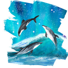 Three hand drawn watercolor dolphins. An illustration for printing design. Isolated on white.	