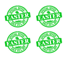 Easter sale green grunge stamp set. Special offer 25, 35, 45, 55 percent off