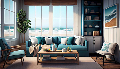 Create Your Perfect Beach House Living Room with Ocean Views, Generative AI