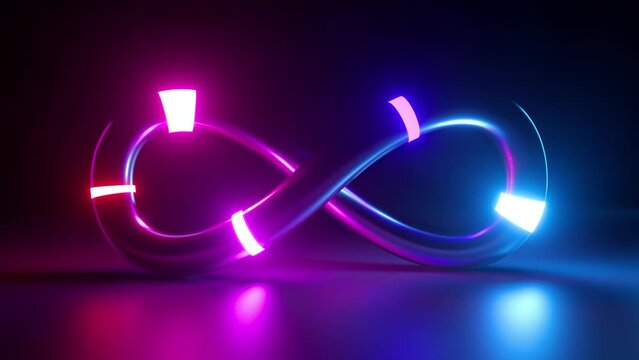 endless 3d animation, abstract geometric background of infinity symbol. Glowing neon lights moving across the surface of an endless loop. Minimalist animated wallpaper
