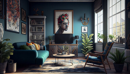 Eclectic Living Room with Character, Generative AI