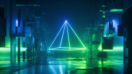 cycled 3d animation, abstract blue green neon background. Glowing linear volumetric pyramid rotates and flies forward along the urban street at night. Digital futuristic animated wallpaper - Powered by Adobe