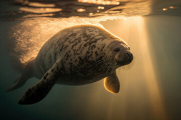 Obraz premium sea lion at sunset created with Generative AI technology