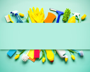 Flat lay composition with cleaning supplies, tools and spring flowers on colorful background - obrazy, fototapety, plakaty