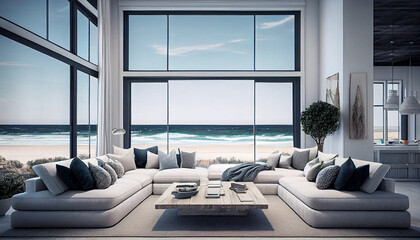 Fototapeta na wymiar Living Room Ideas for Your Beach House with Breathtaking Ocean Views, Generative AI
