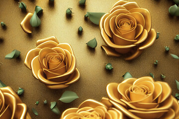 Blossom golden rose bouquet with glossy shiny metallic texture in garden during springtime background. Ravishing luxurious flower design illustration by Generative AI.