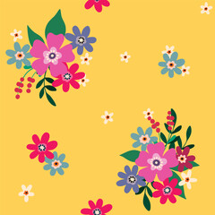 Seamless floral pattern, cute ditsy print with decorative summer botany. Pretty colorful botanical design with small hand drawn flowers, leaves in bouquets on a yellow background. Vector illustration.