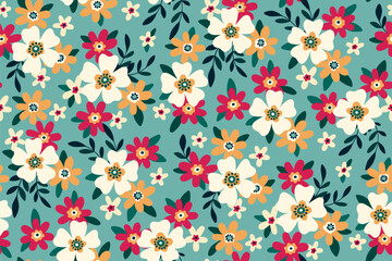 Seamless floral pattern, cute ditsy print with small decorative art flora. Pretty botanical design with tiny hand drawn flowers, leaves in liberty arrangement on blue background. Vector illustration.
