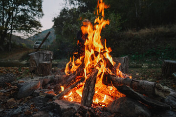 Relaxing weekend in the forest, campsite, bonfire