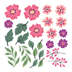 Cute hand drawn plant parts in a set. Decorative art flowers, leaves, twigs in the collection. Small pink flowers, pretty botanical design elements isolated on white background. Vector illustration.