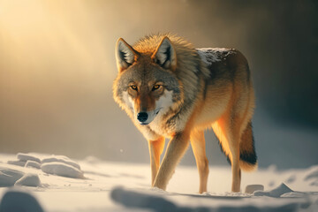 Fototapeta premium Wolf walking through snow - Generative AI