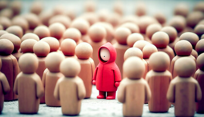 red figurine of a man stands aside from the crowd of people wooden, different concept, Generative ai